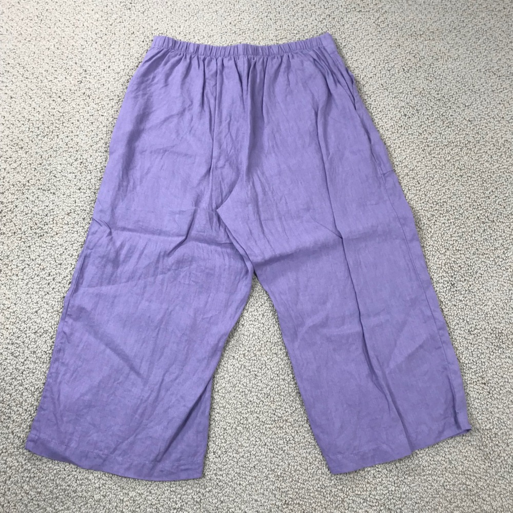 Flax Purple 100% Linen Cropped Wide Leg Pants Elastic Waist Boho Womens Petite P - Picture 2 of 7